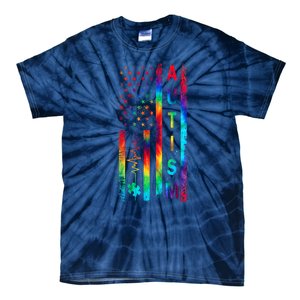 Tie Dye American Flag Autism Awareness Colorful Autism Puzzle Flag Gift Tie-Dye T-Shirt