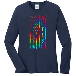 Tie Dye American Flag Autism Awareness Colorful Autism Puzzle Flag Gift Ladies Long Sleeve Shirt