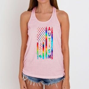 Tie Dye American Flag Autism Awareness Colorful Autism Puzzle Flag Gift Women's Knotted Racerback Tank