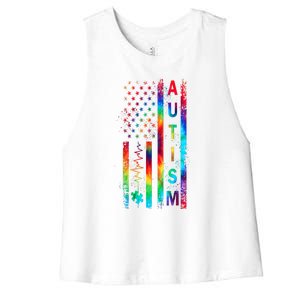 Tie Dye American Flag Autism Awareness Colorful Autism Puzzle Flag Gift Women's Racerback Cropped Tank