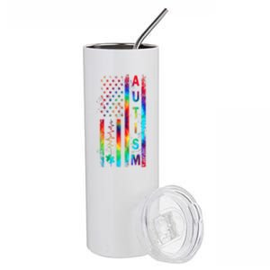 Tie Dye American Flag Autism Awareness Colorful Autism Puzzle Flag Gift Stainless Steel Tumbler