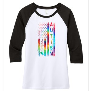 Tie Dye American Flag Autism Awareness Colorful Autism Puzzle Flag Gift Women's Tri-Blend 3/4-Sleeve Raglan Shirt