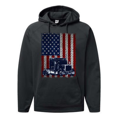 Truck Driver American Flag Trucker Gift Performance Fleece Hoodie