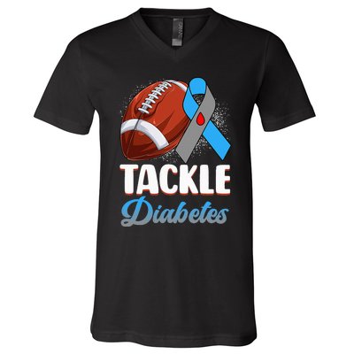 Tackle Diabetes Awareness Football Blue Ribbon Type 1 Type 2 V-Neck T-Shirt