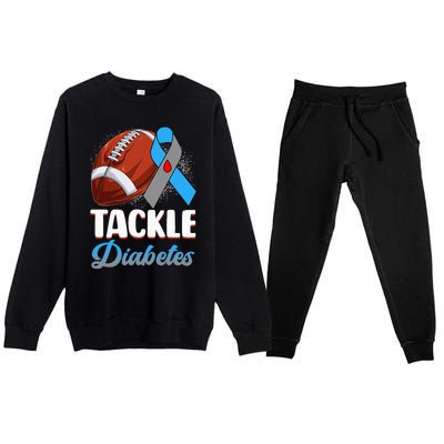 Tackle Diabetes Awareness Football Blue Ribbon Type 1 Type 2 Premium Crewneck Sweatsuit Set