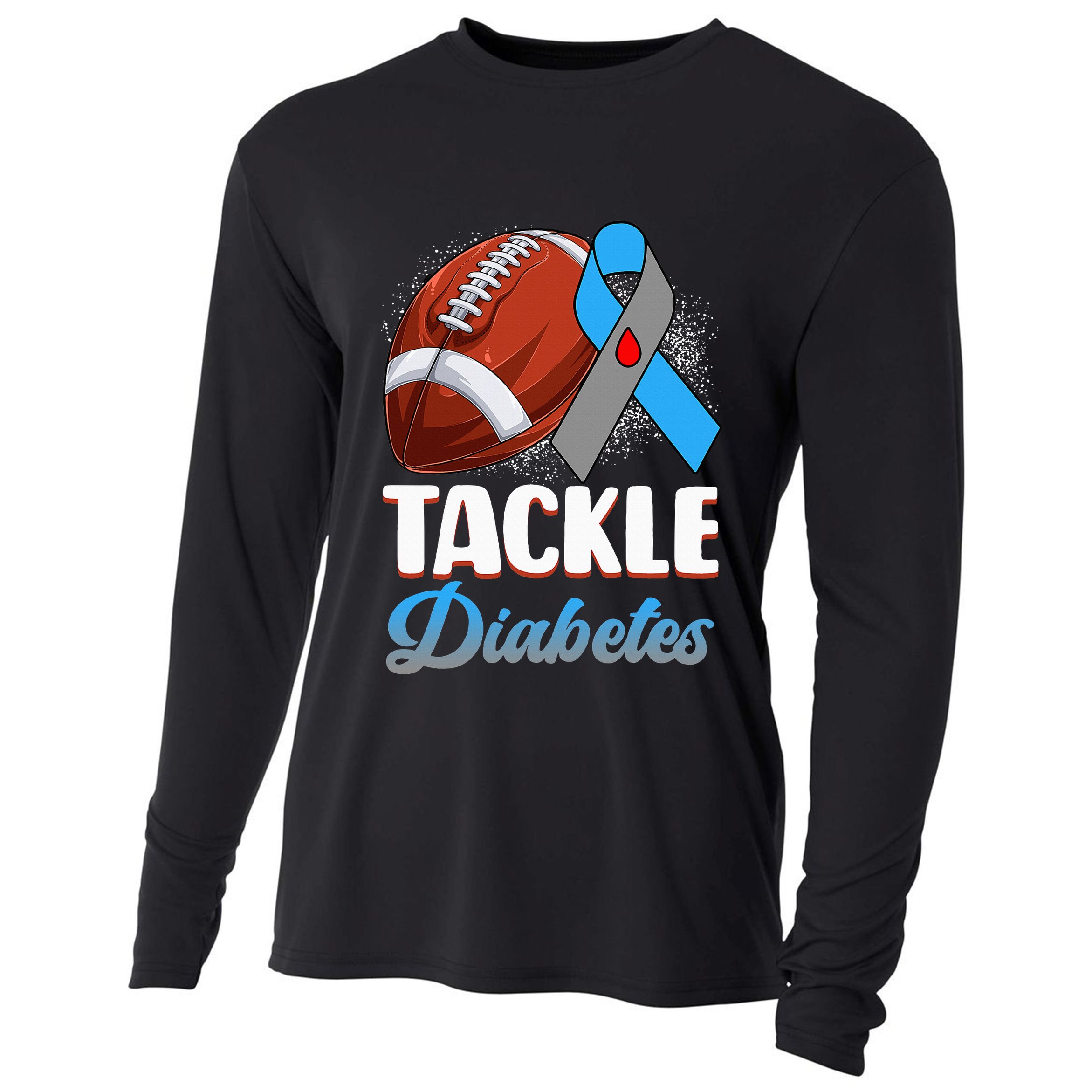 Tackle Diabetes Awareness Football Blue Ribbon Type 1 Type 2 Cooling Performance Long Sleeve Crew