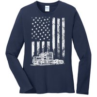 Truck Driver American Flag Trucker Vintage Gift Ladies Long Sleeve Shirt