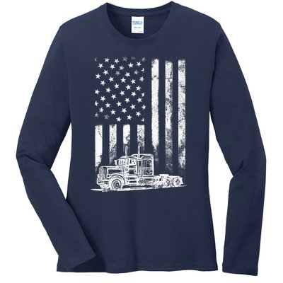 Truck Driver American Flag Trucker Vintage Gift Ladies Long Sleeve Shirt