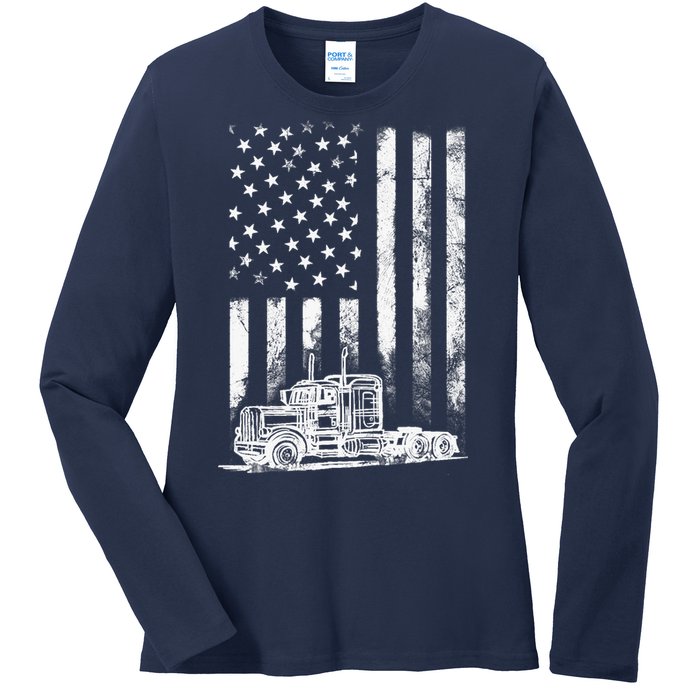 Truck Driver American Flag Trucker Vintage Gift Ladies Long Sleeve Shirt