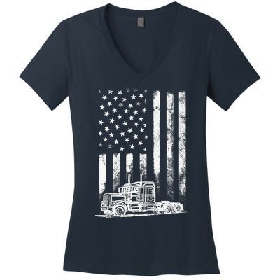 Truck Driver American Flag Trucker Vintage Gift Women's V-Neck T-Shirt