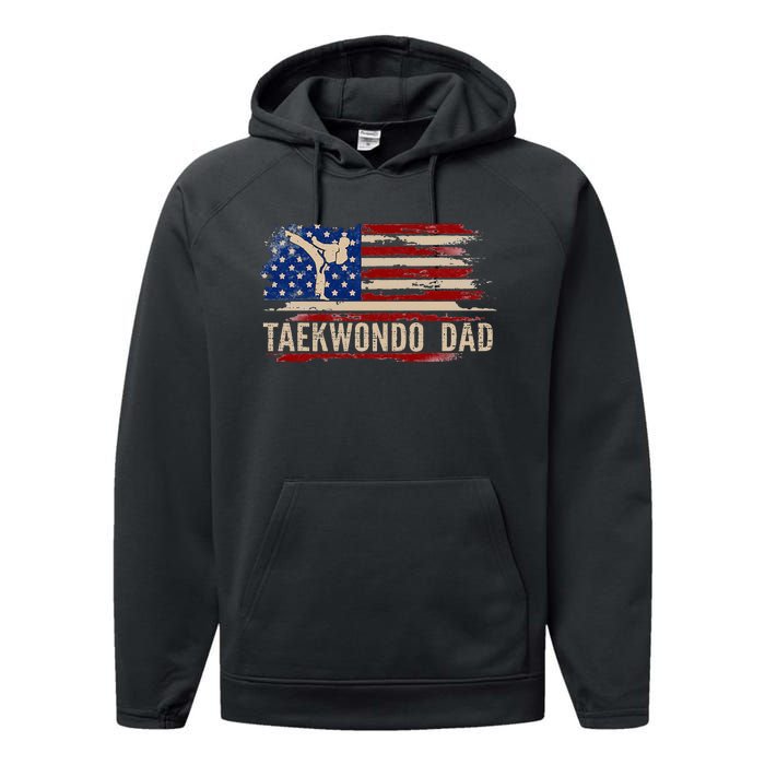 Taekwondo Dad American Usa Flag Sports The Kick Performance Fleece Hoodie