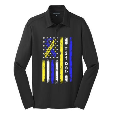 T21 Dad American Flag Down Syndrome Awareness Gift Silk Touch Performance Long Sleeve Polo