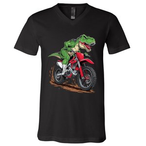 Trex Dirt Bike For Boy Dinosaur Riding Motorcycle V-Neck T-Shirt