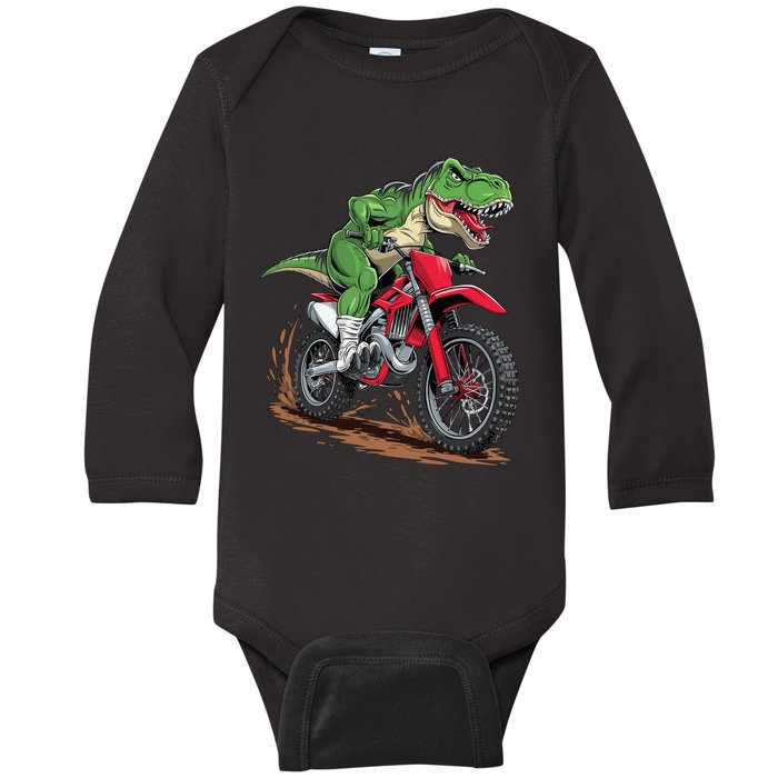 Trex Dirt Bike For Boy Dinosaur Riding Motorcycle Baby Long Sleeve Bodysuit