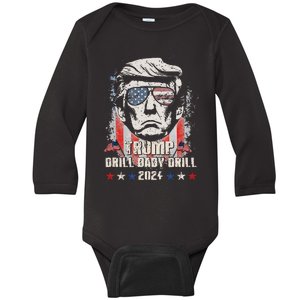 Trump Drill Baby Drill American Flag Baby Long Sleeve Bodysuit