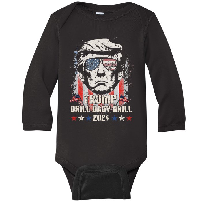 Trump Drill Baby Drill American Flag Baby Long Sleeve Bodysuit