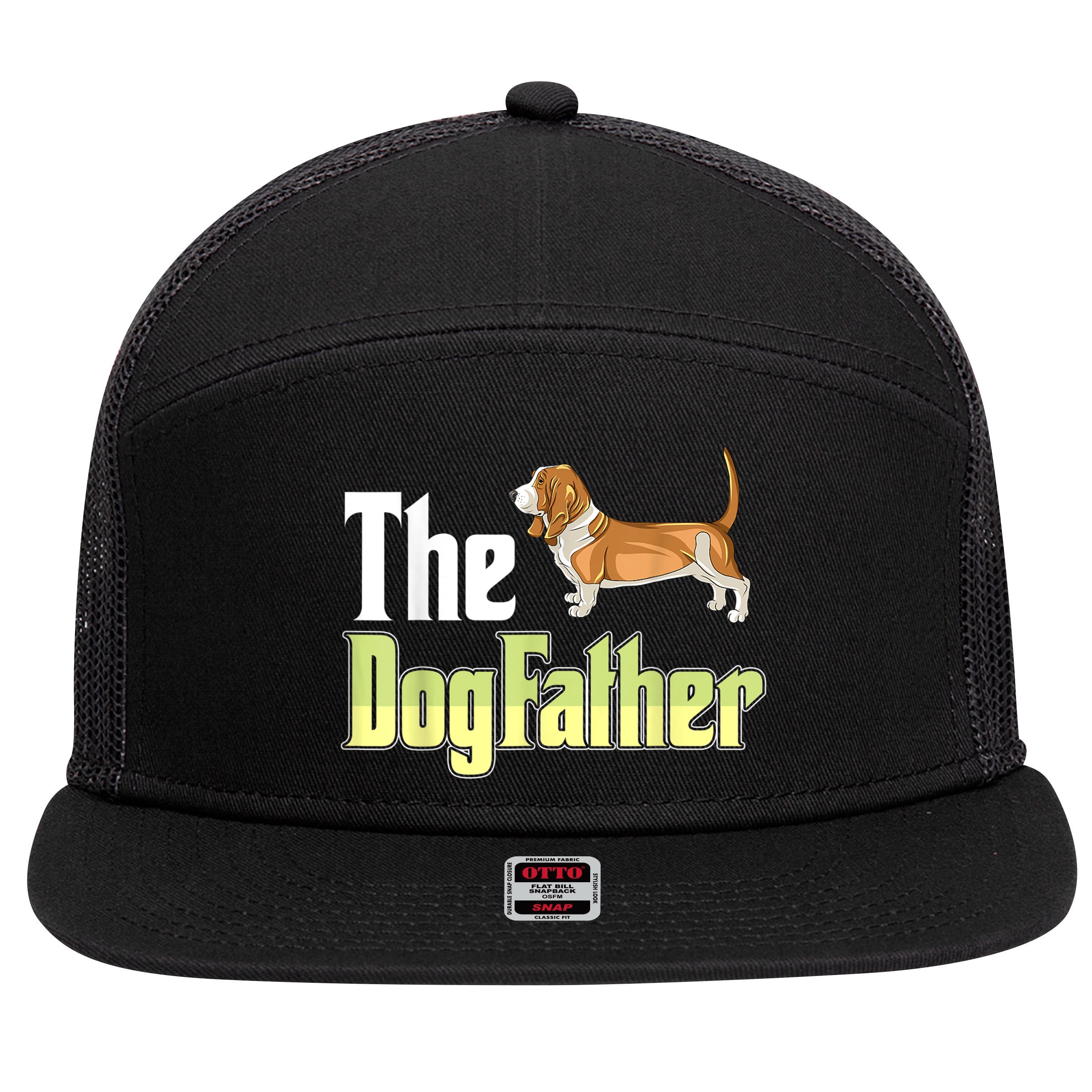 The Dogfather Basset Hound Funny Dog Owner Father’ Day 7 Panel Mesh Trucker Snapback Hat