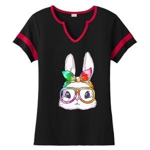 Tie Dye Cute Bunny Rabbit Face Glasses Happy Easter Day Ladies Halftime Notch Neck Tee