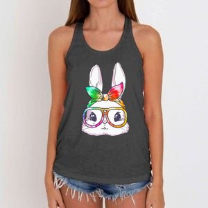 Tie Dye Cute Bunny Rabbit Face Glasses Happy Easter Day Women's Knotted Racerback Tank