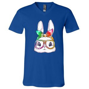 Tie Dye Cute Bunny Rabbit Face Glasses Happy Easter Day V-Neck T-Shirt