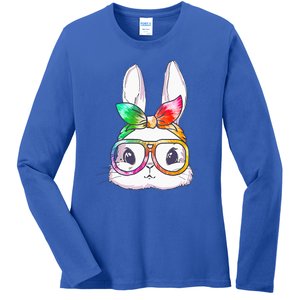 Tie Dye Cute Bunny Rabbit Face Glasses Happy Easter Day Ladies Long Sleeve Shirt