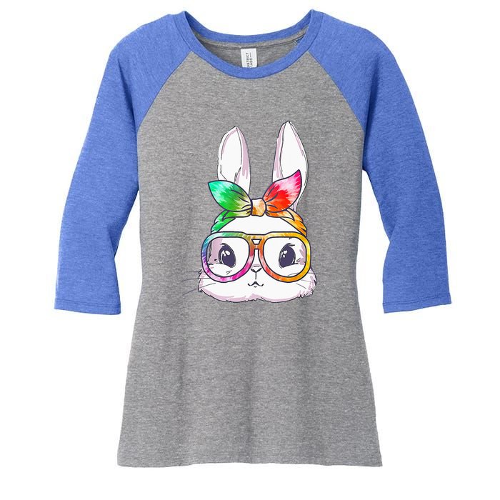 Tie Dye Cute Bunny Rabbit Face Glasses Happy Easter Day Women's Tri-Blend 3/4-Sleeve Raglan Shirt