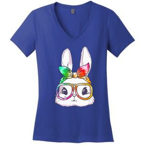 Tie Dye Cute Bunny Rabbit Face Glasses Happy Easter Day Women's V-Neck T-Shirt