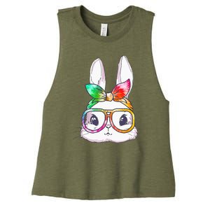 Tie Dye Cute Bunny Rabbit Face Glasses Happy Easter Day Women's Racerback Cropped Tank