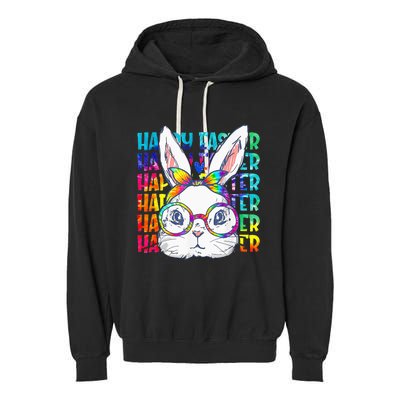 Tie Dye Cute Bunny Rabbit Face Glasses  Happy Easter Day Garment-Dyed Fleece Hoodie