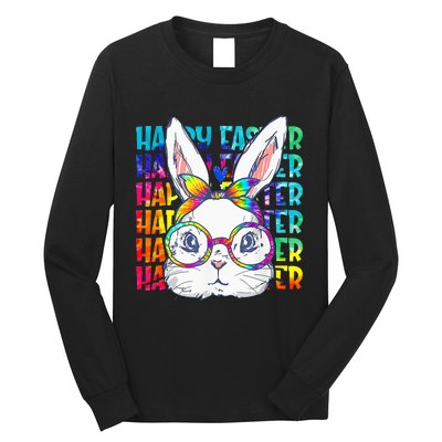 Tie Dye Cute Bunny Rabbit Face Glasses  Happy Easter Day Long Sleeve Shirt