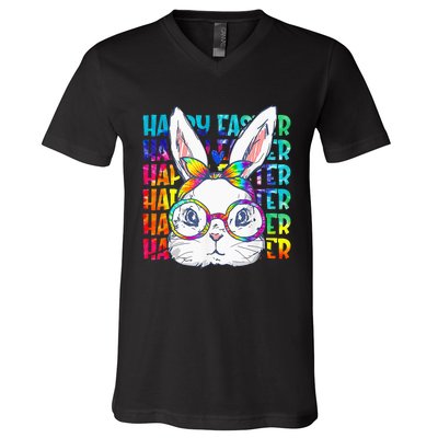 Tie Dye Cute Bunny Rabbit Face Glasses  Happy Easter Day V-Neck T-Shirt