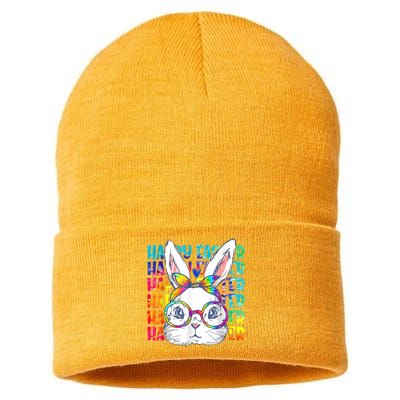 Tie Dye Cute Bunny Rabbit Face Glasses Girl Happy Easter Day Sustainable Knit Beanie