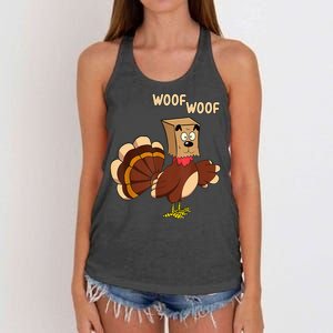 Thanksgiving Dog Costume Hilarious Turkey Woof Outfit Women's Knotted Racerback Tank