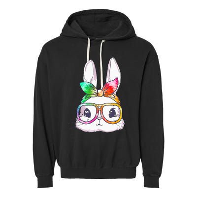 Tie Dye Cute Bunny Rabbit Face Glasses Happy Easter Day Garment-Dyed Fleece Hoodie