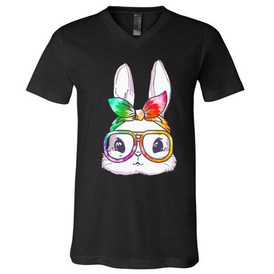 Tie Dye Cute Bunny Rabbit Face Glasses Happy Easter Day V-Neck T-Shirt