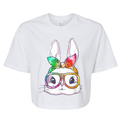 Tie Dye Cute Bunny Rabbit Face Glasses Girl Happy Easter Day Bella+Canvas Jersey Crop Tee