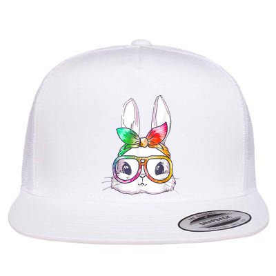 Tie Dye Cute Bunny Rabbit Face Glasses Girl Happy Easter Day Flat Bill Trucker Hat