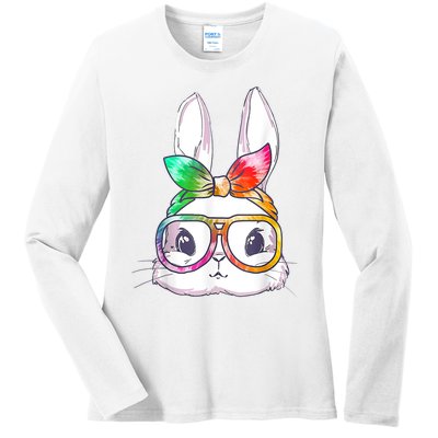 Tie Dye Cute Bunny Rabbit Face Glasses Girl Happy Easter Day Ladies Long Sleeve Shirt