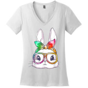 Tie Dye Cute Bunny Rabbit Face Glasses Girl Happy Easter Day Women's V-Neck T-Shirt