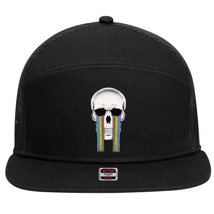 Tear Drop Crying Sad Rainbow Skull Drip 7 Panel Mesh Trucker Snapback Hat