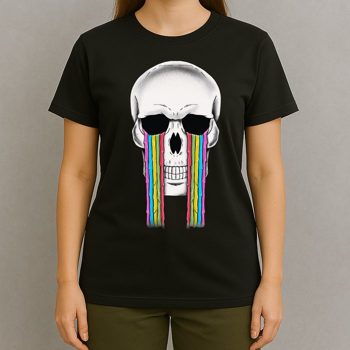 Tear Drop Crying Sad Rainbow Skull Drip T-Shirt