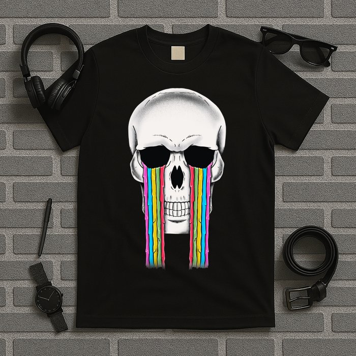 Tear Drop Crying Sad Rainbow Skull Drip T-Shirt