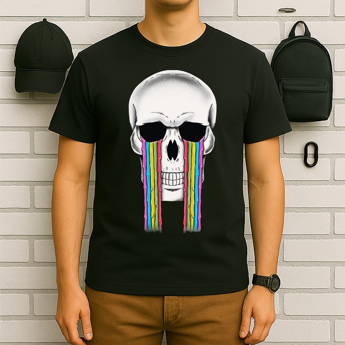 Tear Drop Crying Sad Rainbow Skull Drip T-Shirt