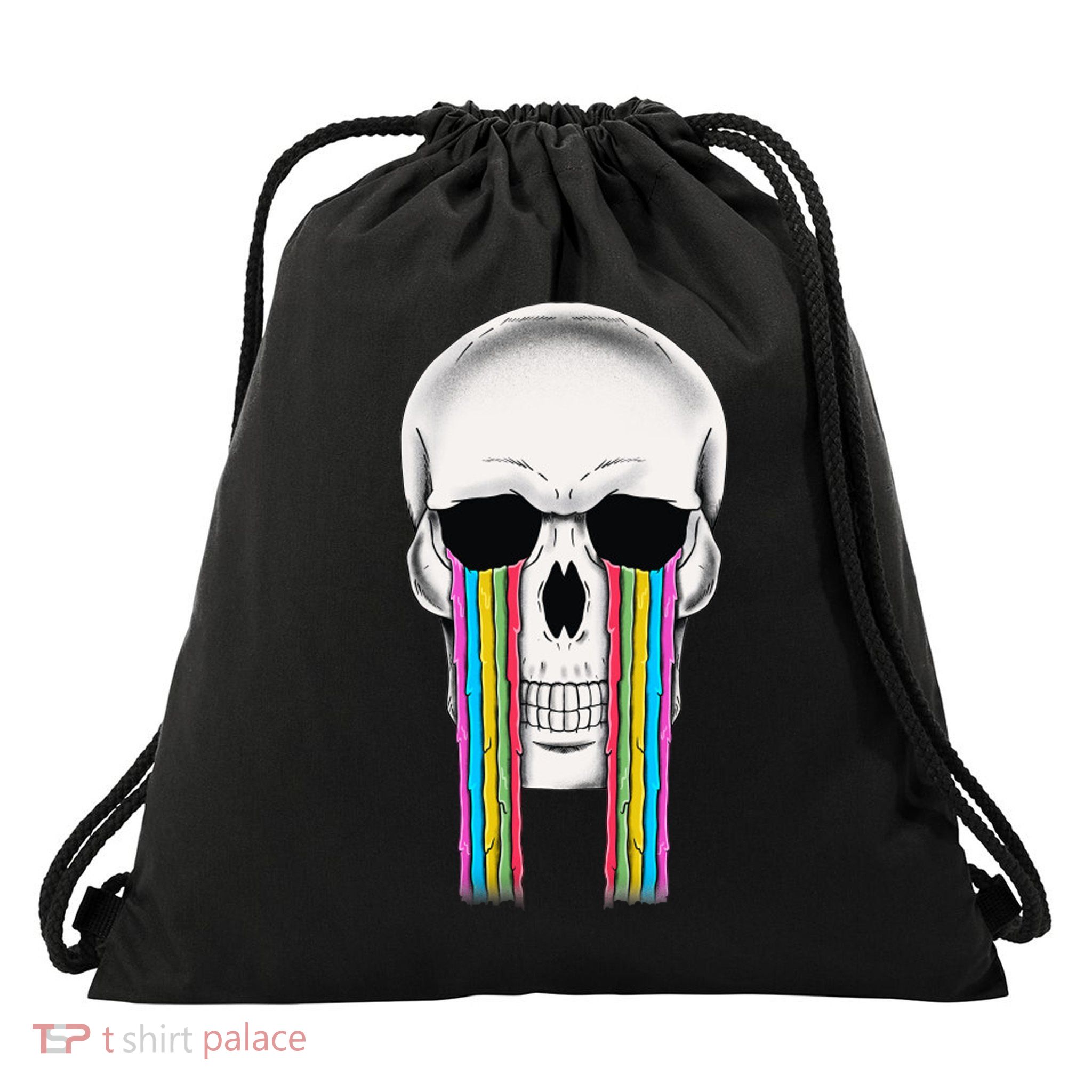 Tear Drop Crying Sad Rainbow Skull Drip Drawstring Bag