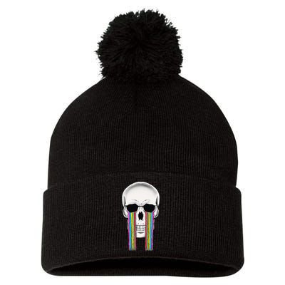 Tear Drop Crying Sad Rainbow Skull Drip Pom Pom 12in Knit Beanie