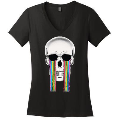 Tear Drop Crying Sad Rainbow Skull Drip Women's V-Neck T-Shirt