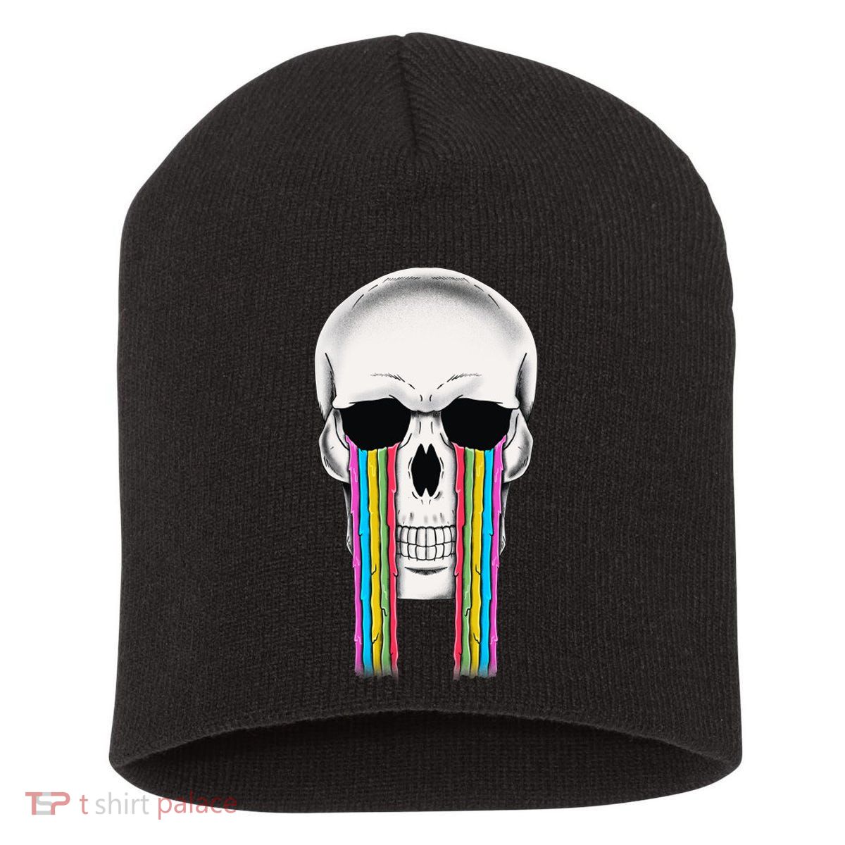 Tear Drop Crying Sad Rainbow Skull Drip Short Acrylic Beanie