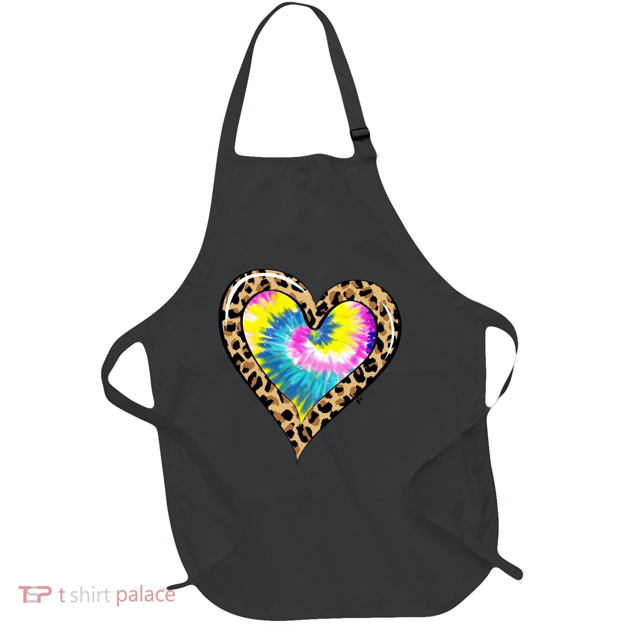 Tie Dye Colorful Cute Leopard Heart Love Hippie Full-Length Apron With Pockets