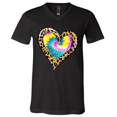 Tie Dye Colorful Cute Leopard Heart Love Hippie V-Neck T-Shirt