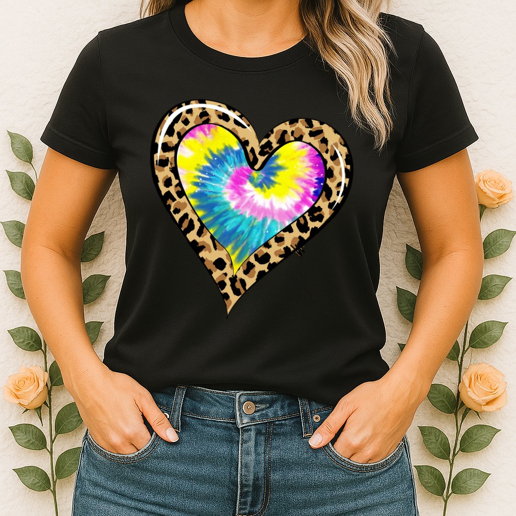 Tie Dye Colorful Cute Leopard Heart Love Hippie Womens T-Shirt